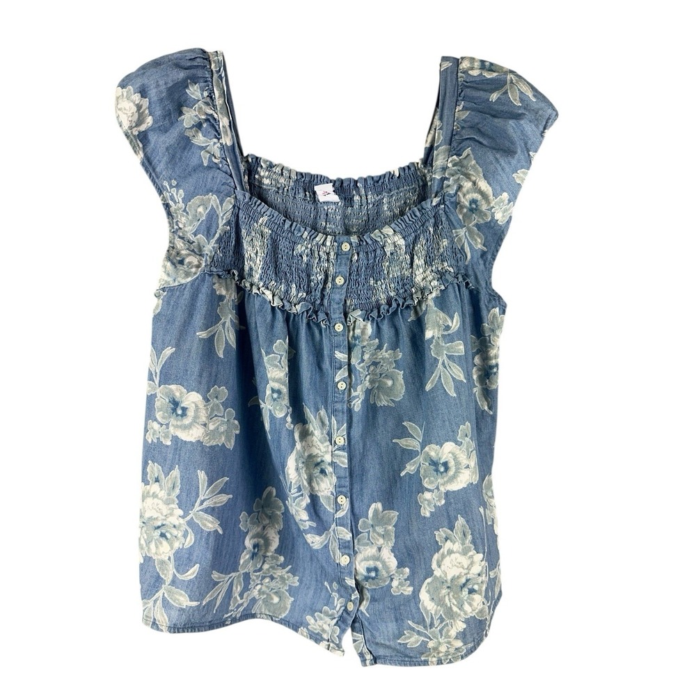 Old Navy Baby Doll Top Peasant Sz L Blue Boho Cottagecore Romantic Floral